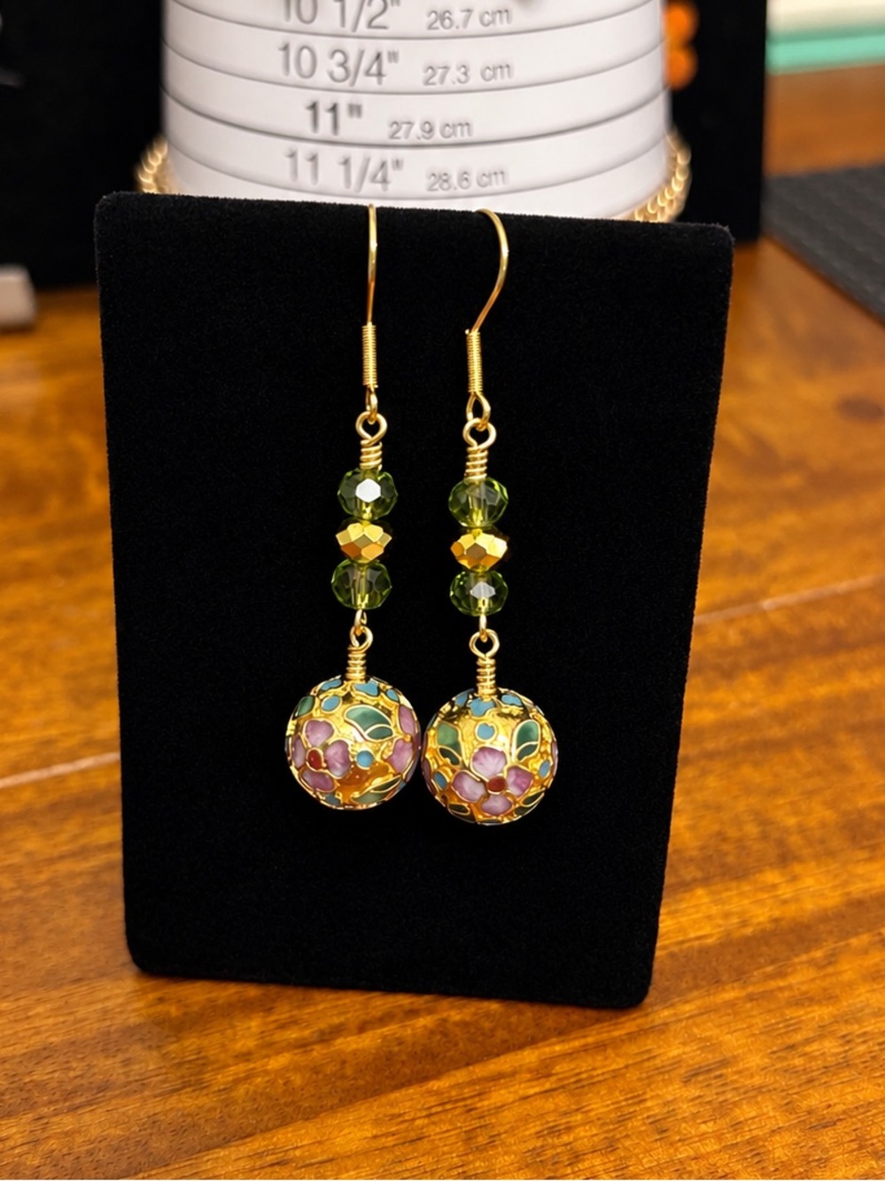 Gold Cloisonné Earrings with Green Beads
